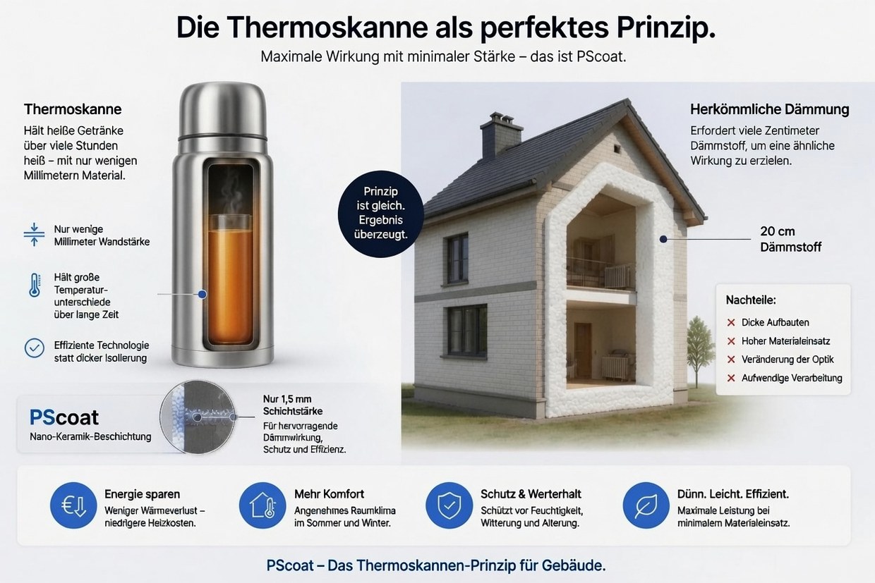Sammenligningsgrafikk: en termos holder varmen med noen få millimeter veggtykkelse, mens vanlig isolasjon trenger femten til tjue centimeter isopor til det samme